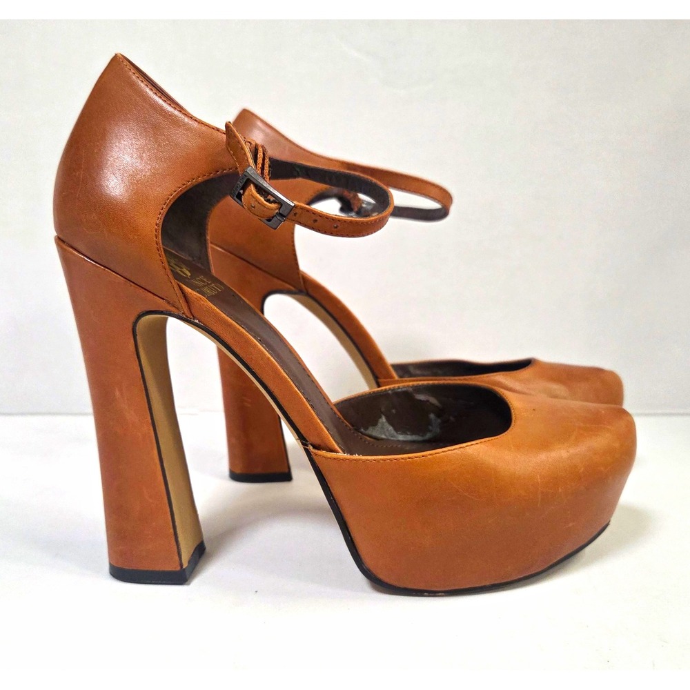 Vince Camuto Brown Leather Platform Ankle Strap Block Heel Pumps 9B EU39